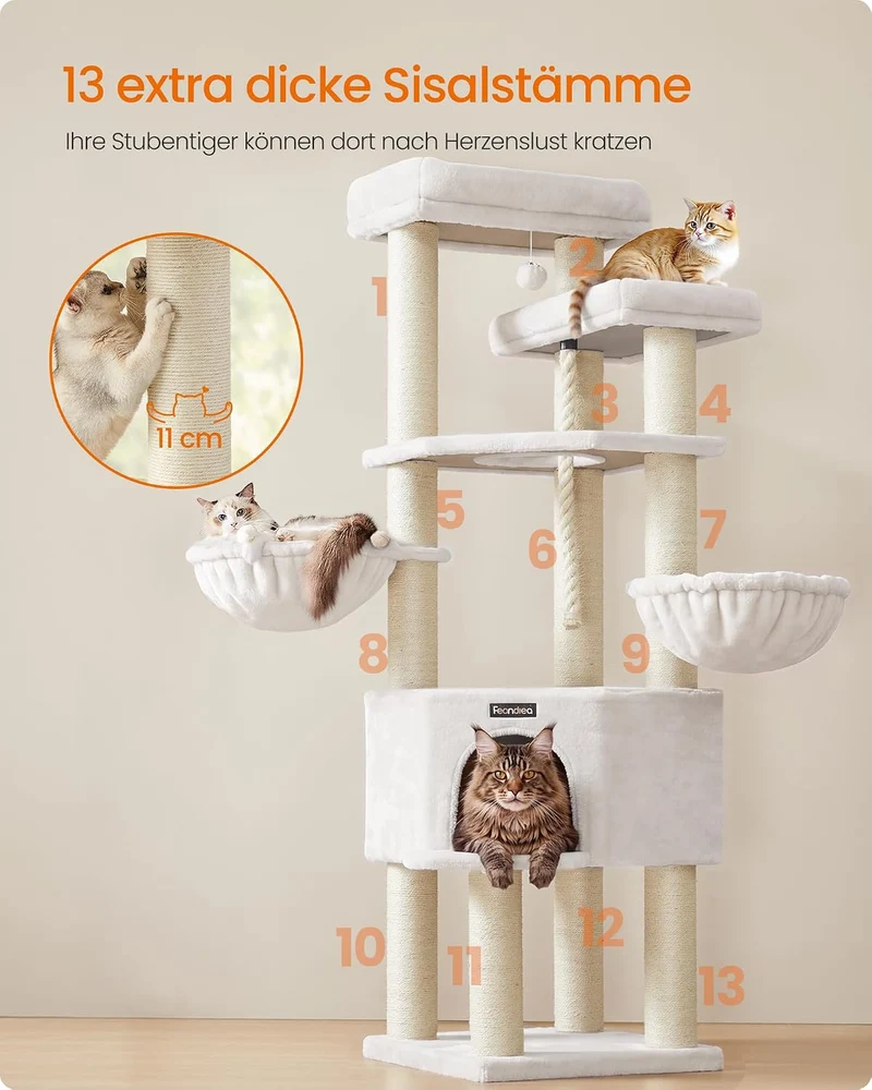 Feandrea Kratzbaum gross, mehrstöckiger Katzenbaum, XXL, 55 x 55 x 186,7 cm, 11 cm d Dicke Sisalstäm