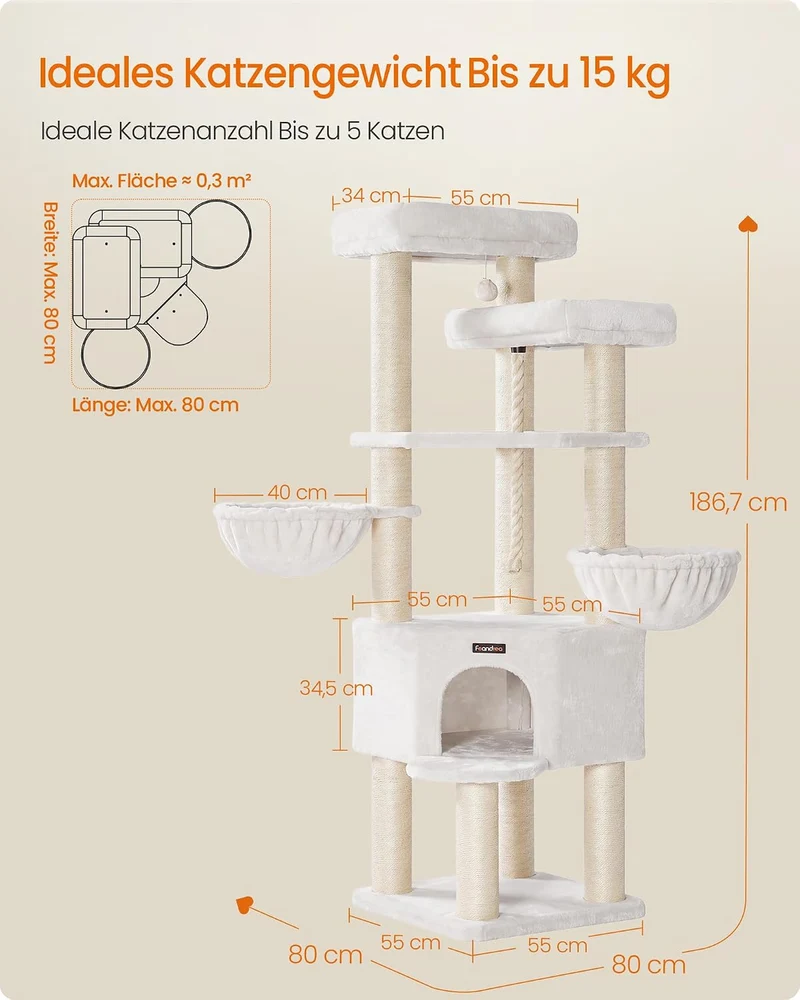 Feandrea Kratzbaum gross, mehrstöckiger Katzenbaum, XXL, 55 x 55 x 186,7 cm, 11 cm d Dicke Sisalstäm