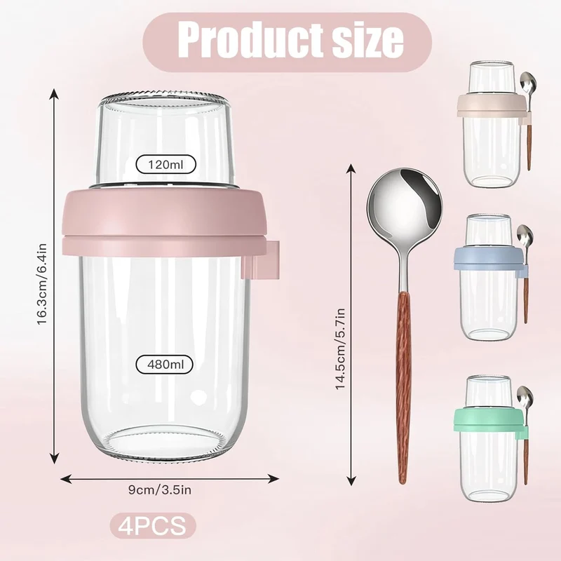 Müslibecher To Go 4er Set, 480ml+120ml Overnight Oats Gläser, Joghurtbecher To Go mit Löffel, Meal P