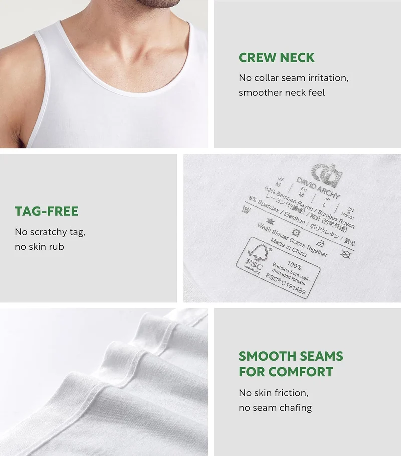 DAVID ARCHY Herren Unterhemden Tshirt Tanktop Business Lässig Bambusfaser Weich Seidig Kurzarm Ärmel