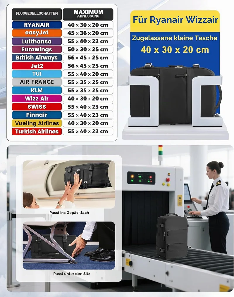 SZLX Vakuum Rucksack 40x30x20 Wizz air Handgepäck Rucksack 40x30x20 für Ryanair Vakuum Reiserucksack