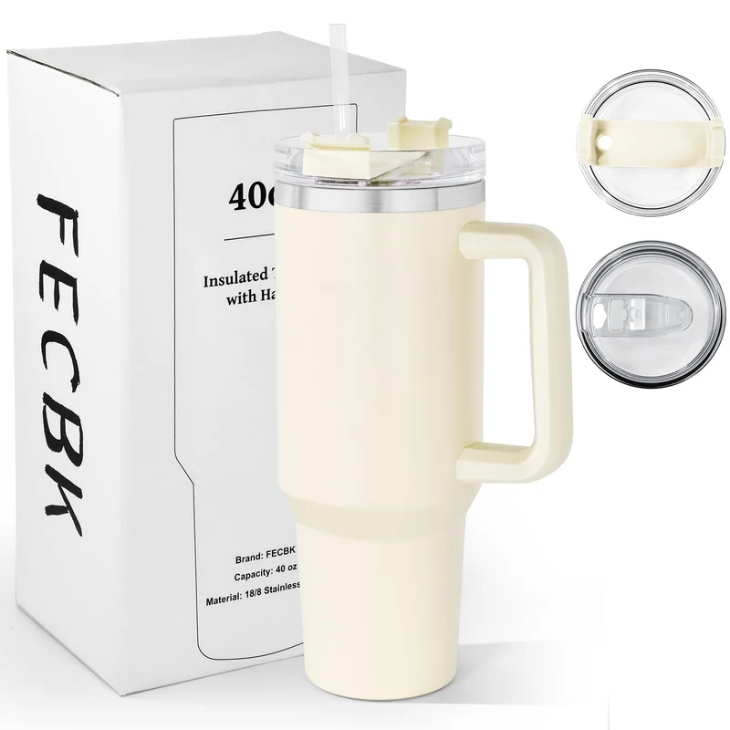 Thermobecher mit Strohhalm und Henkel 1,2L, 100% Auslaufsicherer Trinkbecher, Edelstahl Doppelwand V