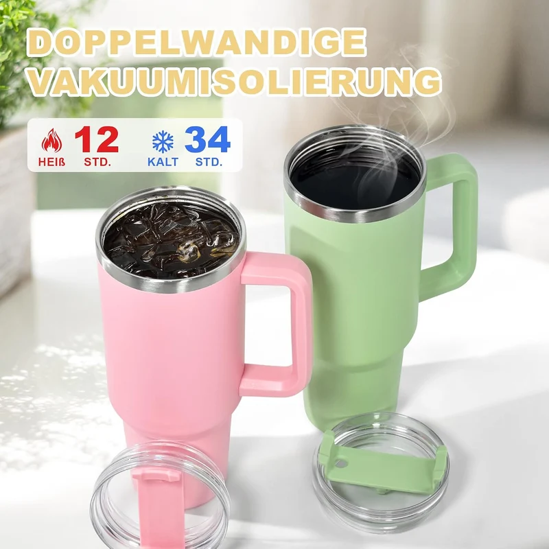 Thermobecher mit Strohhalm und Henkel 1,2L, 100% Auslaufsicherer Trinkbecher, Edelstahl Doppelwand V
