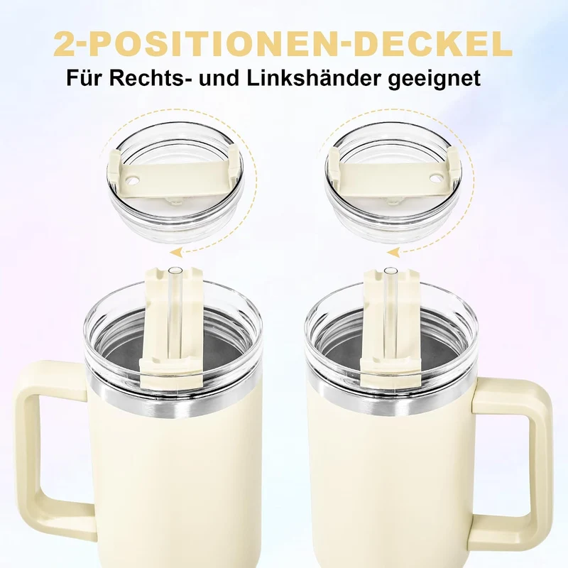 Thermobecher mit Strohhalm und Henkel 1,2L, 100% Auslaufsicherer Trinkbecher, Edelstahl Doppelwand V