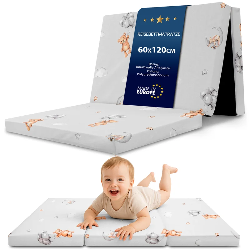 Klappmatratze faltbare Reisebett Baby Matratze 120x60 cm - Faltmatratze für Kinder Gästematratze klappbar Babymatratze Bodenmatratte Schlafmatratte und Reisematratze