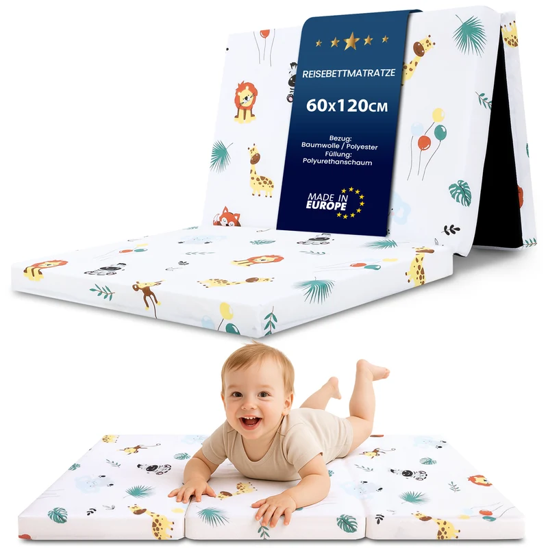 Klappmatratze faltbare Reisebett Baby Matratze 120x60 cm - Faltmatratze für Kinder Gästematratze klappbar Babymatratze Bodenmatratte Schlafmatratte und Reisematratze