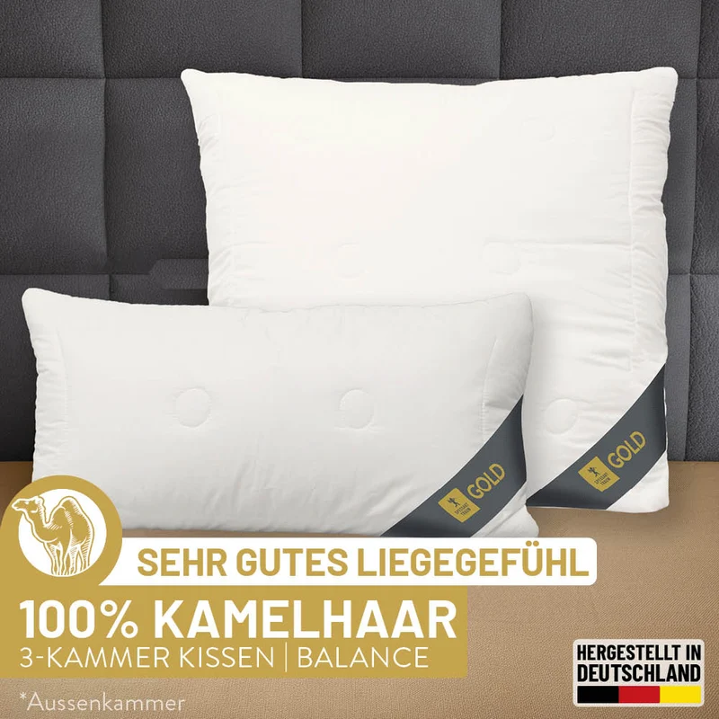 3-Kammer Kamelhaarkissen Gold, reiner feinster Kamelhaar Flaum / 100 % Kamelhaar (Außen)