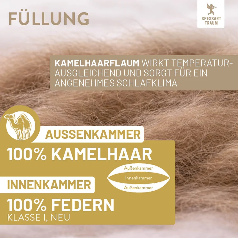 3-Kammer Kamelhaarkissen Gold, reiner feinster Kamelhaar Flaum / 100 % Kamelhaar (Außen)