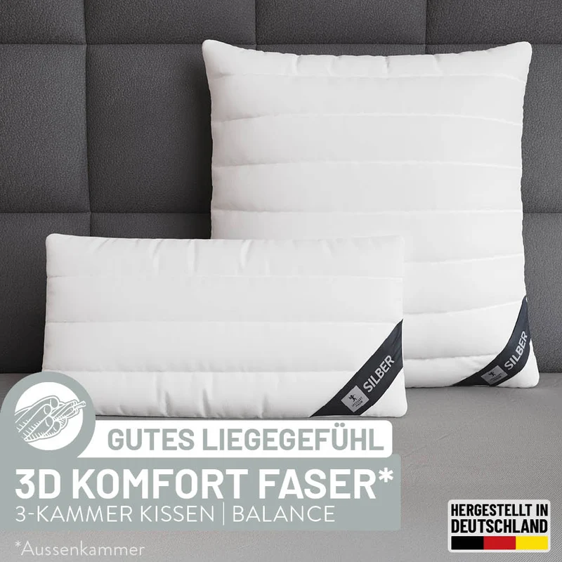 3-Kammer Faserkissen Silber, hochbauschige 3D-Hohlfaser / 100 % Polyester (Außen)
