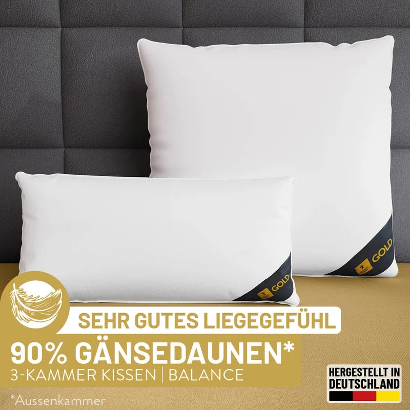 3-Kammer Gänsedaunenkissen Gold, 90 % Gänsedaunen / 10 % Gänsefedern