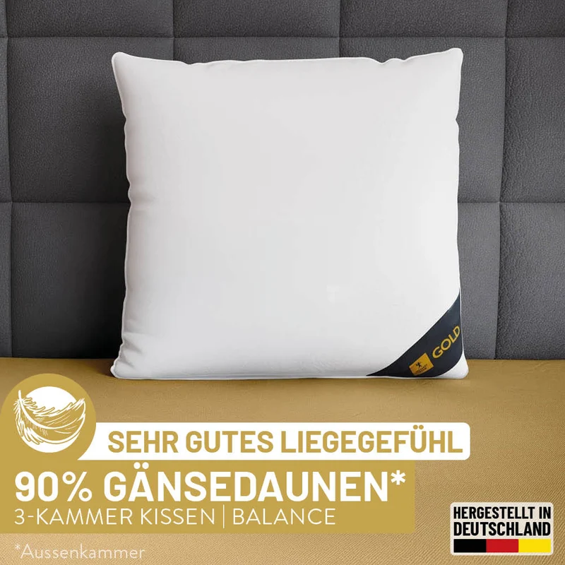 3-Kammer Gänsedaunenkissen Gold, 90 % Gänsedaunen / 10 % Gänsefedern