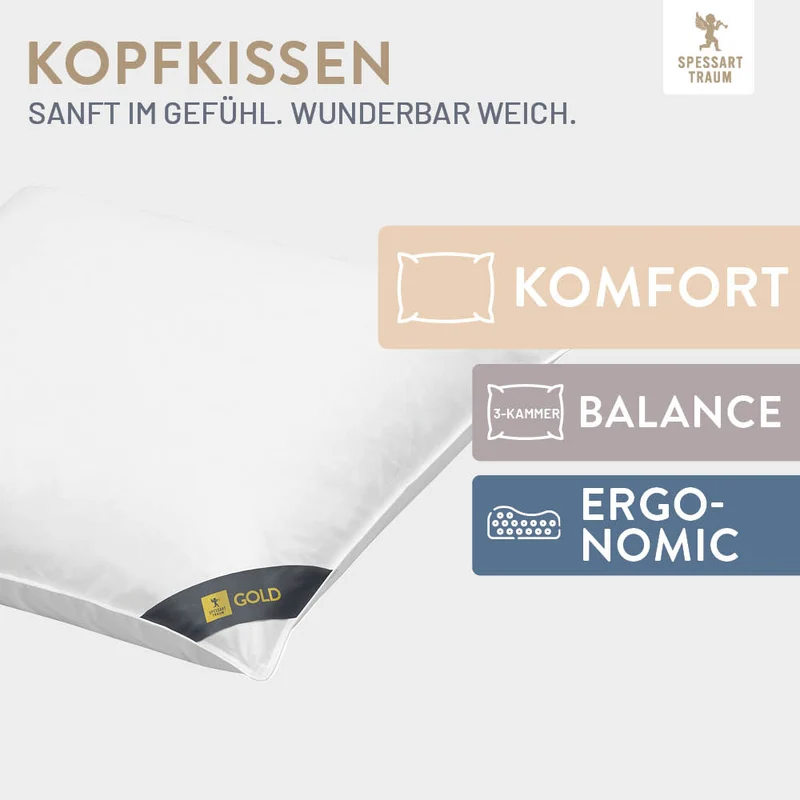 Gänsefedern- und Gänsedaunenkissen Gold, 30 % Gänsedaunen / 70 % Gänsefedern