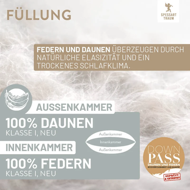 3-Kammer Daunenkissen Silber, 100 % Daunen (Außen)
