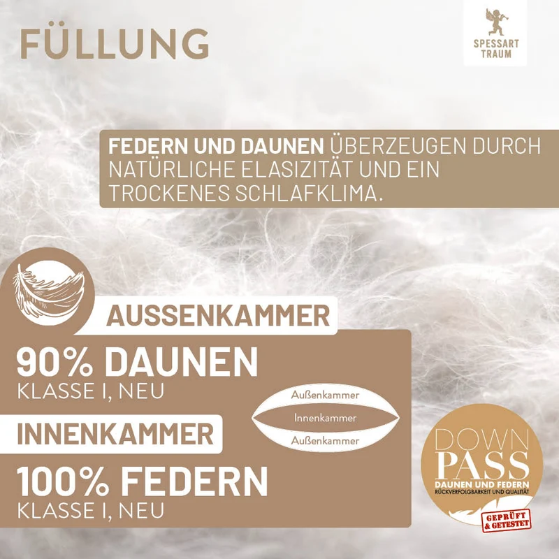 3-Kammer Daunenkissen Bronze, 90 % Daunen / 10 % Federn (Außen)