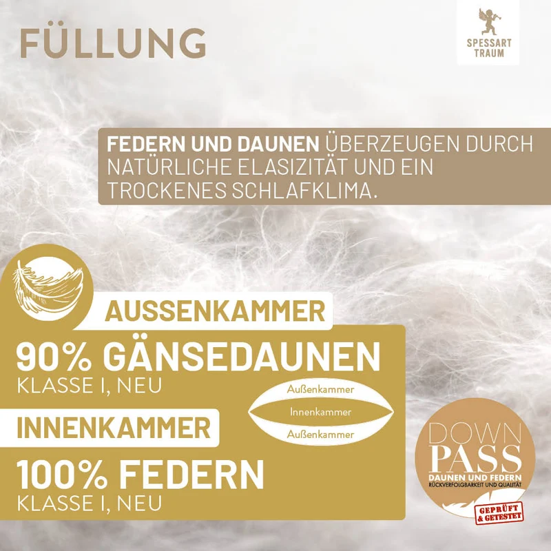3-Kammer Gänsedaunenkissen Mein Engel, 90 % Gänsedaunen / 10 % Gänsefedern (Außen)