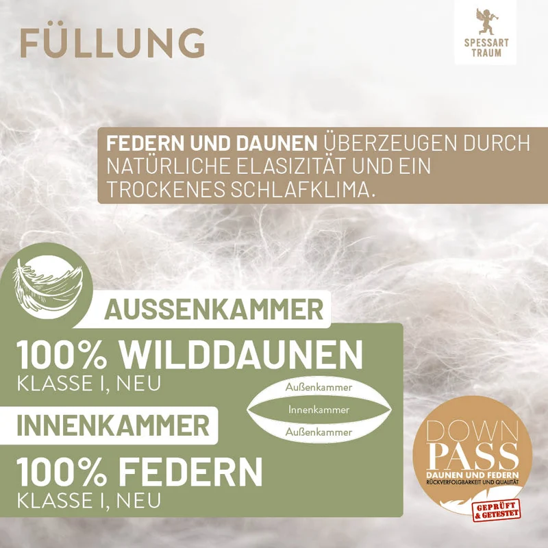 3-Kammer Daunenkissen Wildente, 100 % Wildentendaunen (Außen)