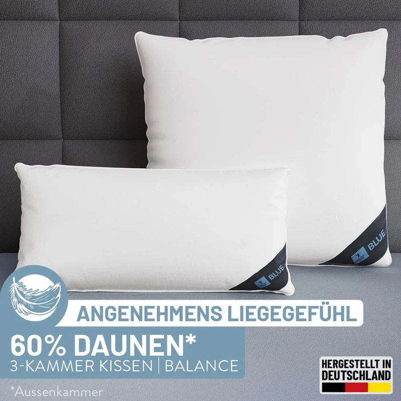 3-Kammer Daunenkissen Blue, 60 % Daunen / 40 % Federn (Außen)