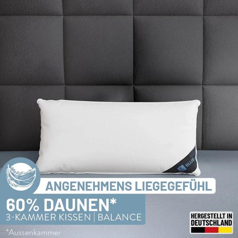 3-Kammer Daunenkissen Blue, 60 % Daunen / 40 % Federn (Außen)