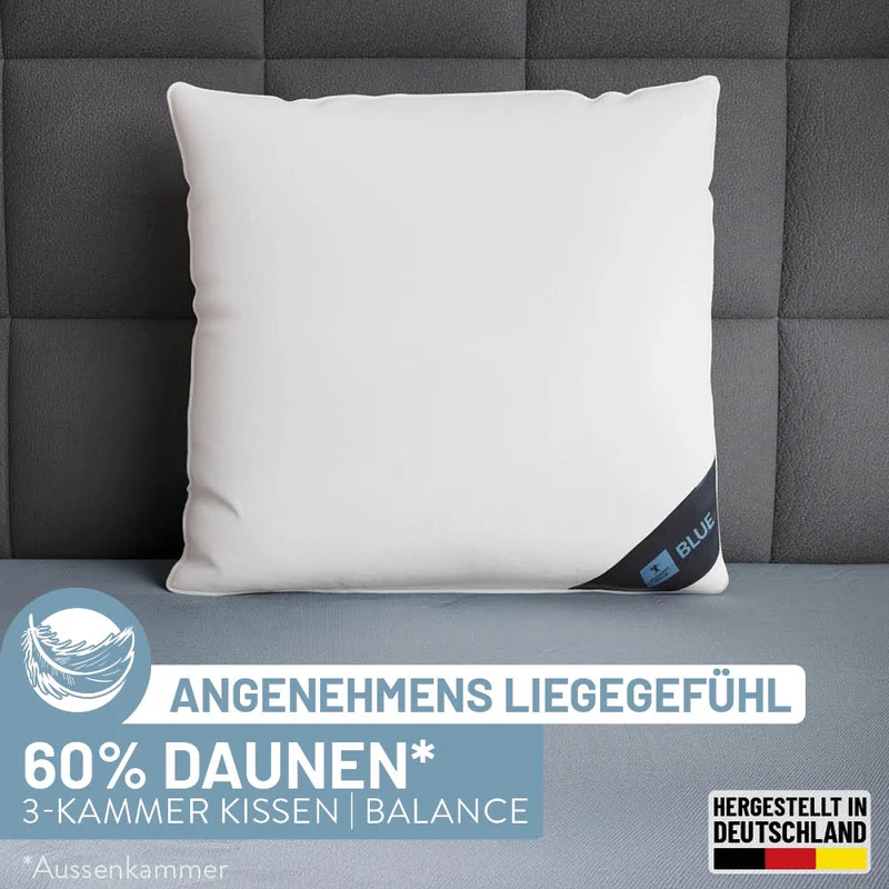 3-Kammer Daunenkissen Blue, 60 % Daunen / 40 % Federn (Außen)