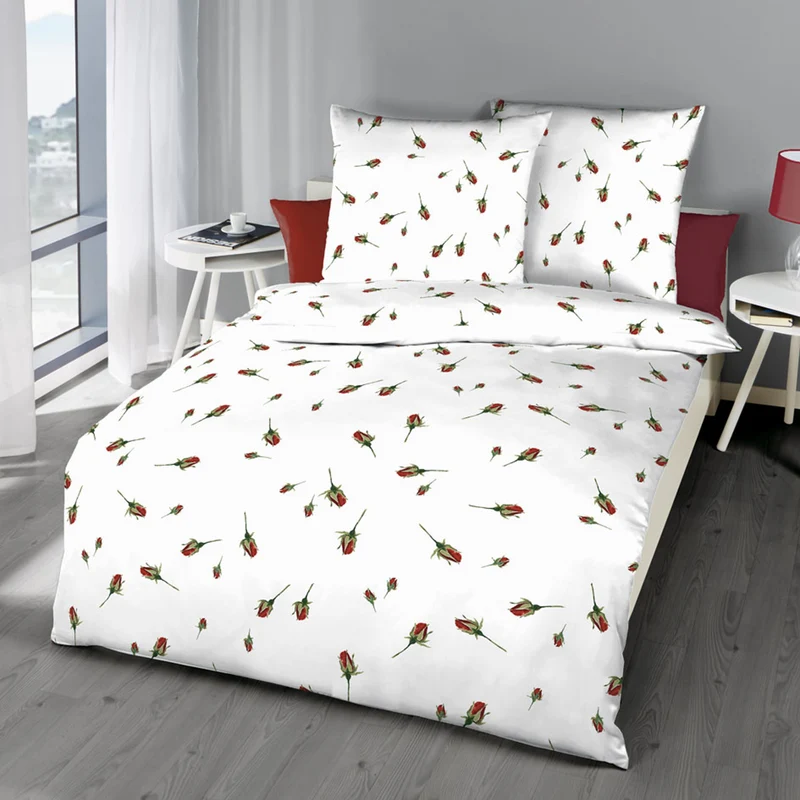 Bettwäsche Kaeppel Biber 844-508 Rosen-Knospen rot creme 135x200