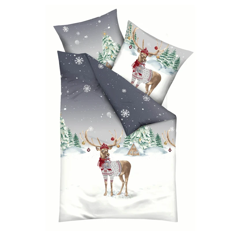 Bettwäsche Kaeppel Biber 525-569 Weihnachtshirsch grau schnee 135x200