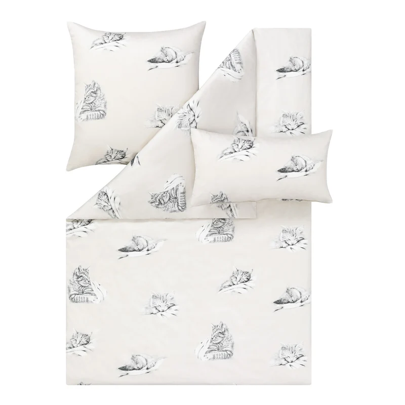 Bettwäsche Mako Satin Cats Natur mit Katzenmotiven 135 x 200 cm