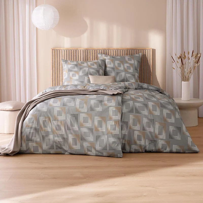 Bettwäsche Interlock Jersey Heiko Grau mit geometrischem Muster 155 x 220 cm