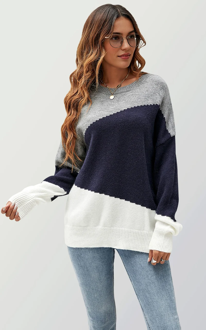 Strickpullover Damen Strickpullover in Blockfarben – Einheitsgröße, Langarm - Onesize (DE 36–44 / UK 8–16, 52% Acryl, 28% Polyamid und 20% Polyester) Marine/Grau/Weiß - Rosa/Grau/Weiß - Grau/Weiß/Camel - Blau/Weiß/Grau