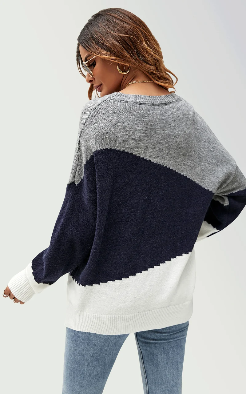 Strickpullover Damen Strickpullover in Blockfarben – Einheitsgröße, Langarm - Onesize (DE 36–44 / UK 8–16, 52% Acryl, 28% Polyamid und 20% Polyester) Marine/Grau/Weiß - Rosa/Grau/Weiß - Grau/Weiß/Camel - Blau/Weiß/Grau