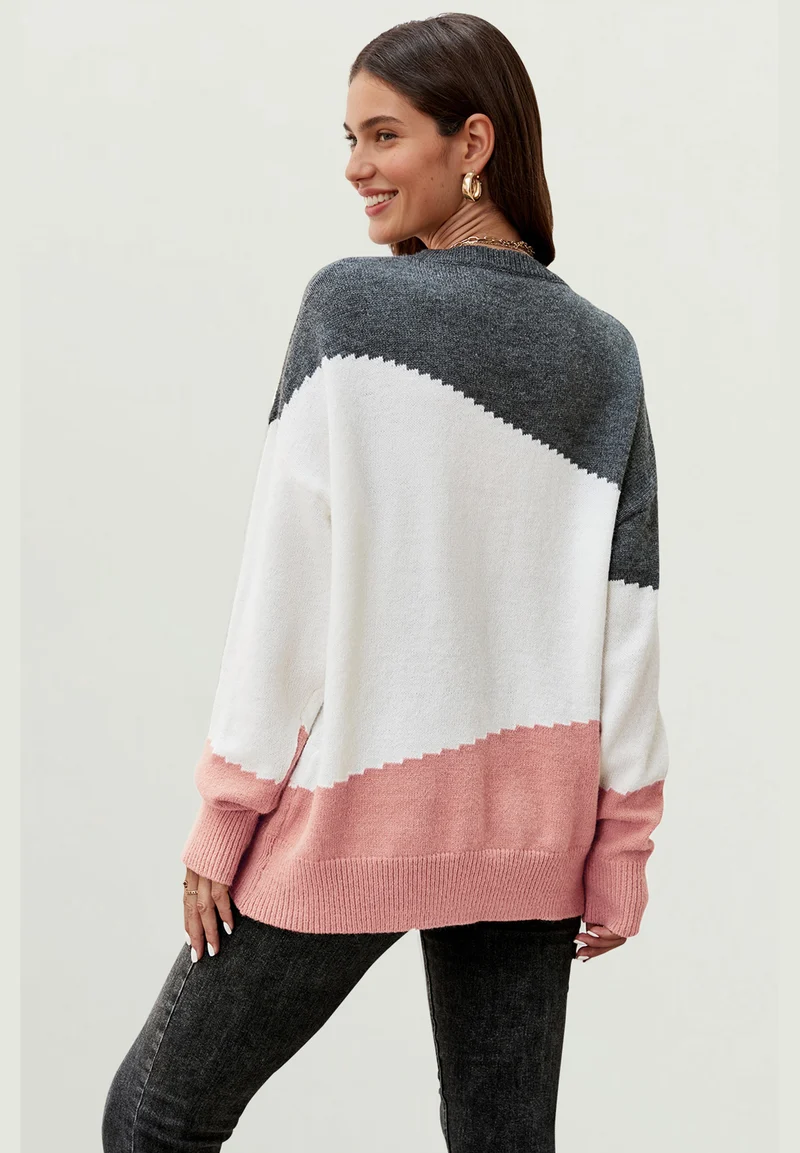Strickpullover Damen Strickpullover in Blockfarben – Einheitsgröße, Langarm - Onesize (DE 36–44 / UK 8–16, 52% Acryl, 28% Polyamid und 20% Polyester) Marine/Grau/Weiß - Rosa/Grau/Weiß - Grau/Weiß/Camel - Blau/Weiß/Grau
