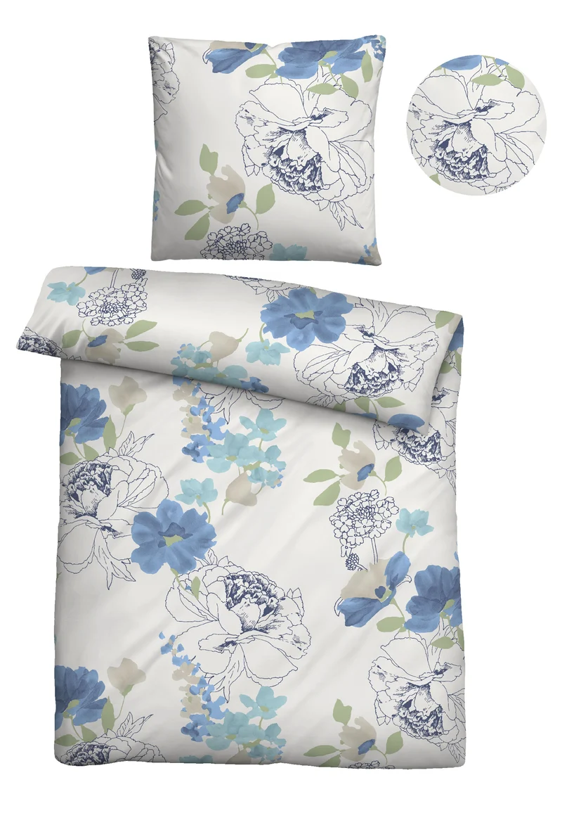 Castell Feinbiber Bettwäsche Flowerpower – Taubenblau (0030979)