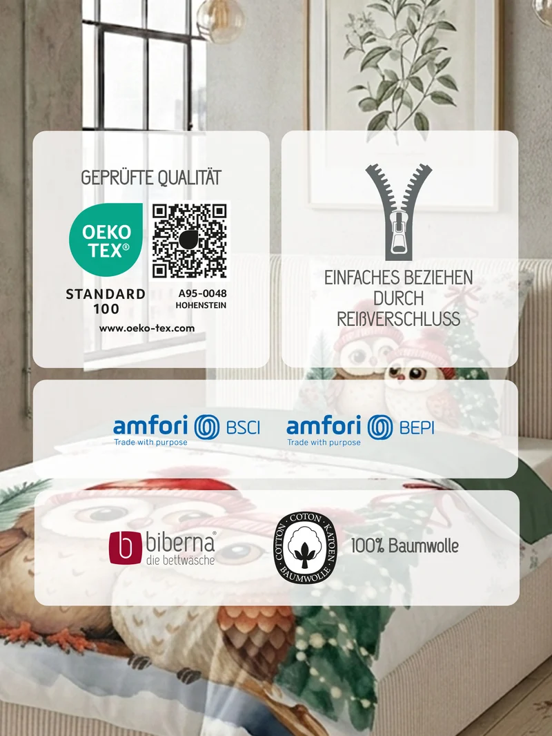biberna Feinbiber Weihnachtsbettwäsche Eulen – Tanne (0347259)