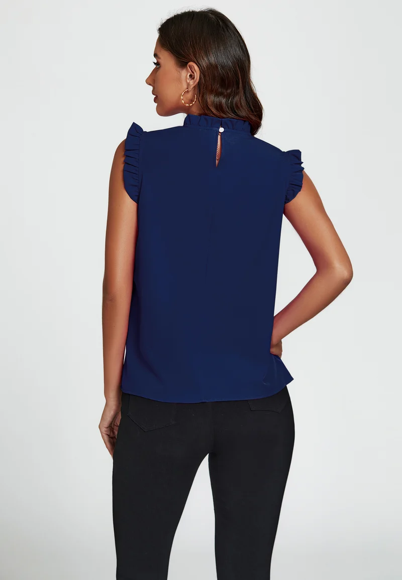 FS COLLECTION Blusentop Damen Blusentop ärmellos mit Rüschenkragen elegante Sommerbluse Rüschenkragen und Rüschenbesatz an den Schultern