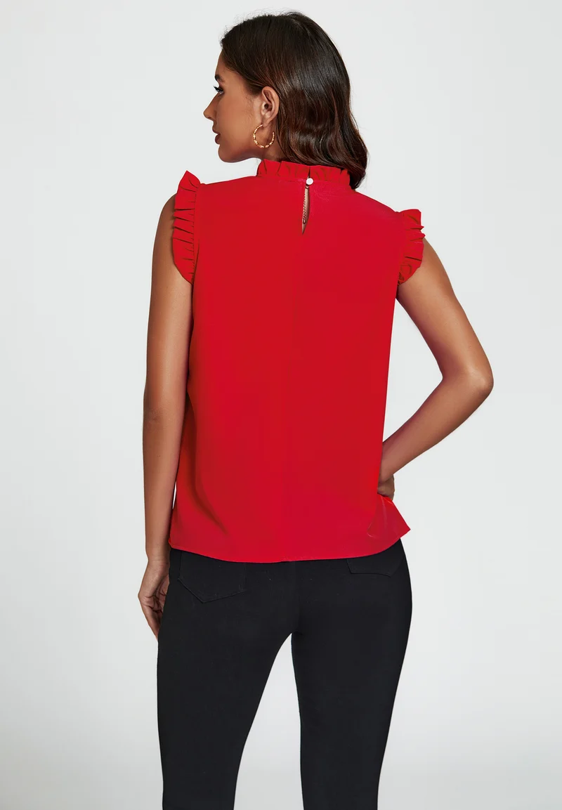 FS COLLECTION Blusentop Damen Blusentop ärmellos mit Rüschenkragen elegante Sommerbluse Rüschenkragen und Rüschenbesatz an den Schultern