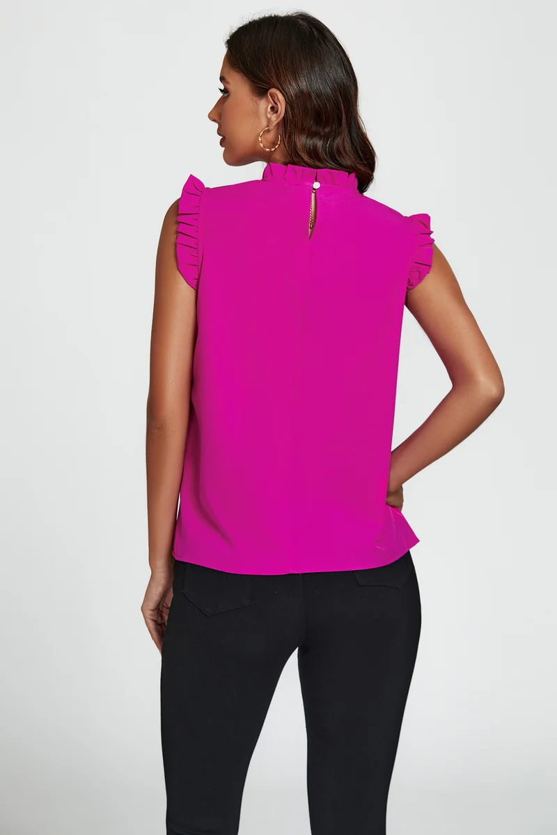 FS COLLECTION Blusentop Damen Blusentop ärmellos mit Rüschenkragen elegante Sommerbluse Rüschenkragen und Rüschenbesatz an den Schultern