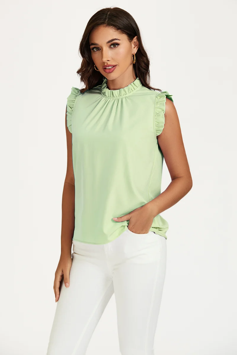FS COLLECTION Blusentop Damen Blusentop ärmellos mit Rüschenkragen elegante Sommerbluse Rüschenkragen und Rüschenbesatz an den Schultern