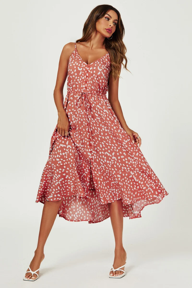 Trägerkleid Damen Trägerkleid Midikleid Sommerkleid Print & Bindegürtel, fließend (XS (EU:36 / UK:8) · S (EU:38 / UK:10) · M (EU:40 / UK:12) · L (EU:42 / UK:14) · XL (EU:44 / UK:16), 3 Farben Print, Bindegürtel, Knopfleiste, fließender Stoff