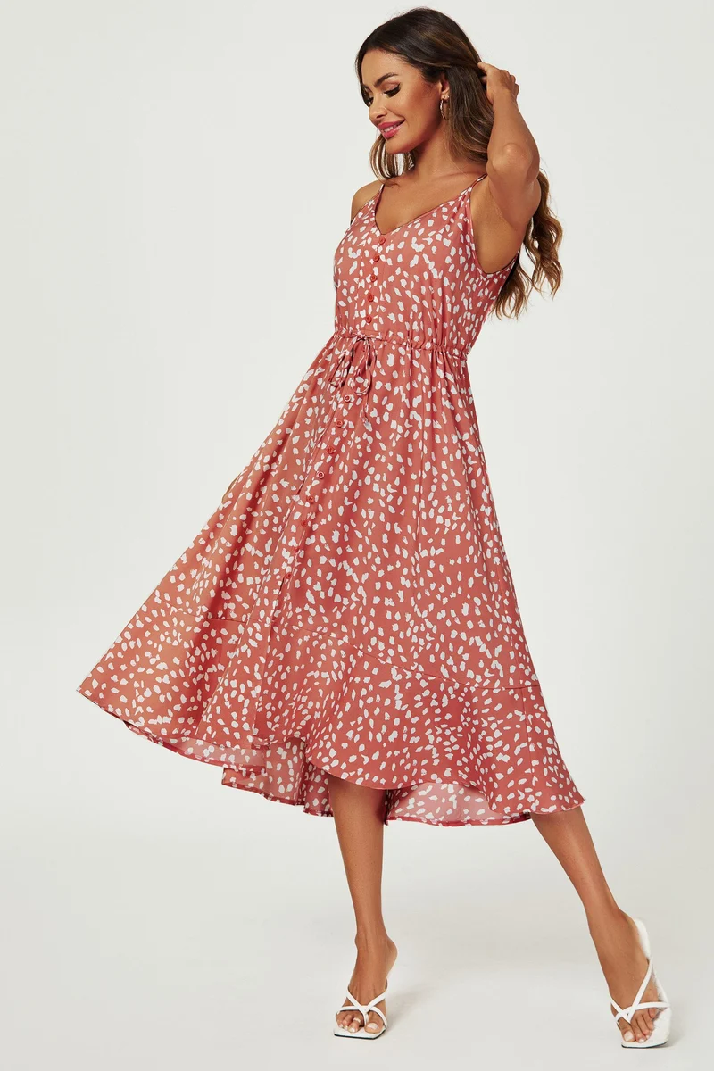 Trägerkleid Damen Trägerkleid Midikleid Sommerkleid Print & Bindegürtel, fließend (XS (EU:36 / UK:8) · S (EU:38 / UK:10) · M (EU:40 / UK:12) · L (EU:42 / UK:14) · XL (EU:44 / UK:16), 3 Farben Print, Bindegürtel, Knopfleiste, fließender Stoff