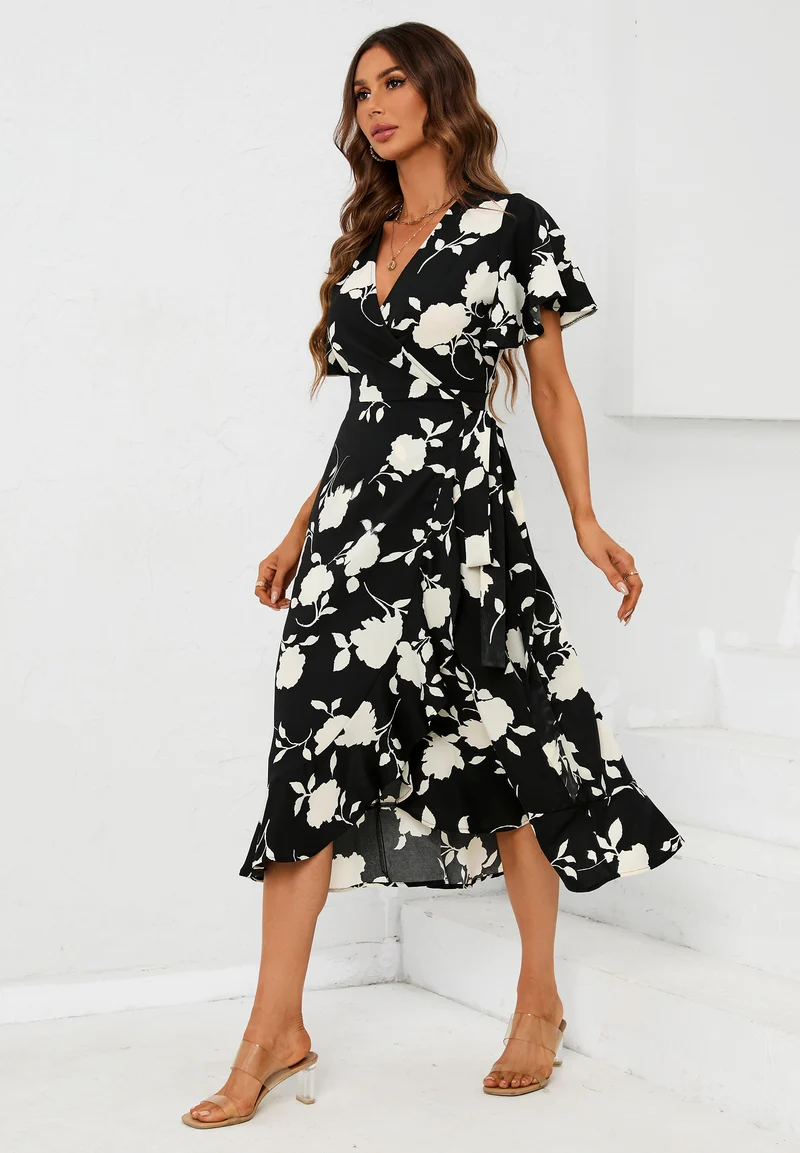 FS COLLECTION Wickelkleid Midikleid Damen mit Engelsärmeln V-Ausschnitt Sommer Blumenkleid (XS · S M · L · XL , 4 Farben : Weiß/Gelb, Grün/Weiß, Schwarz/Weiß und Türkis/Pink) Wickelkleid mit Blumenmuster und Bindegürtel