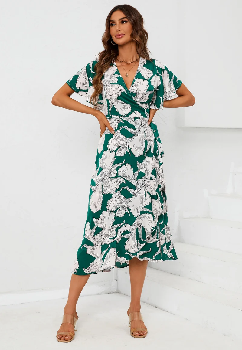FS COLLECTION Wickelkleid Midikleid Damen mit Engelsärmeln V-Ausschnitt Sommer Blumenkleid (XS · S M · L · XL , 4 Farben : Weiß/Gelb, Grün/Weiß, Schwarz/Weiß und Türkis/Pink) Wickelkleid mit Blumenmuster und Bindegürtel