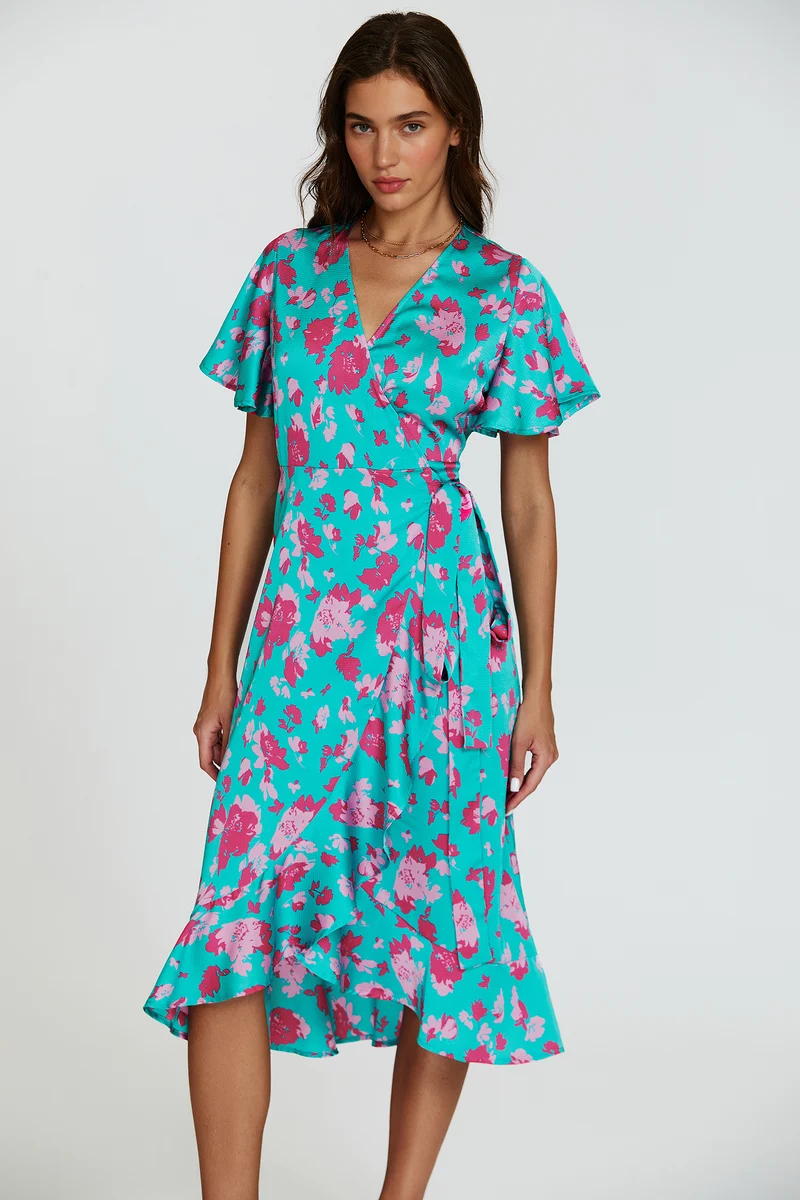 FS COLLECTION Wickelkleid Midikleid Damen mit Engelsärmeln V-Ausschnitt Sommer Blumenkleid (XS · S M · L · XL , 4 Farben : Weiß/Gelb, Grün/Weiß, Schwarz/Weiß und Türkis/Pink) Wickelkleid mit Blumenmuster und Bindegürtel