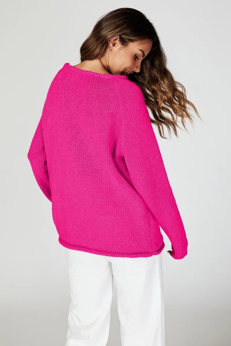 FS COLLECTION Strickpullover Bequemes Pulloveroberteil Pullover-Top – Strickwaren (Einheitsgröße: UK 8–14 / EU 36–44, 6 Farben : Dunkelbeige, Beige, Hellblau, Magenta, Marineblau und Rosa) 60 % Acryl, 40 % Polyester