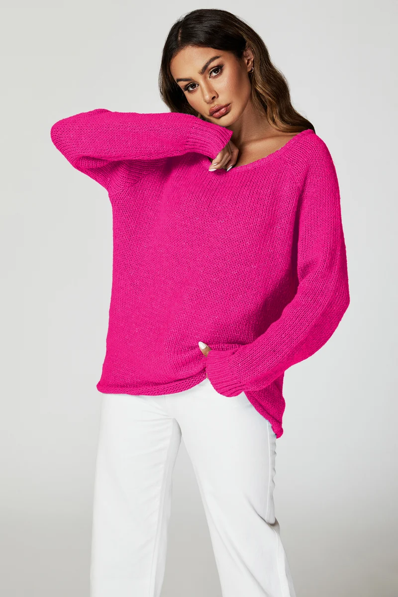 FS COLLECTION Strickpullover Bequemes Pulloveroberteil Pullover-Top – Strickwaren (Einheitsgröße: UK 8–14 / EU 36–44, 6 Farben : Dunkelbeige, Beige, Hellblau, Magenta, Marineblau und Rosa) 60 % Acryl, 40 % Polyester