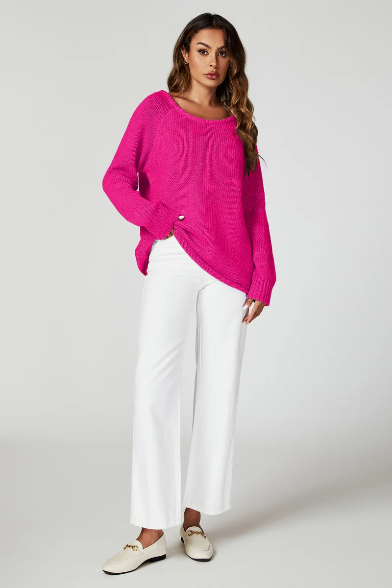 FS COLLECTION Strickpullover Bequemes Pulloveroberteil Pullover-Top – Strickwaren (Einheitsgröße: UK 8–14 / EU 36–44, 6 Farben : Dunkelbeige, Beige, Hellblau, Magenta, Marineblau und Rosa) 60 % Acryl, 40 % Polyester