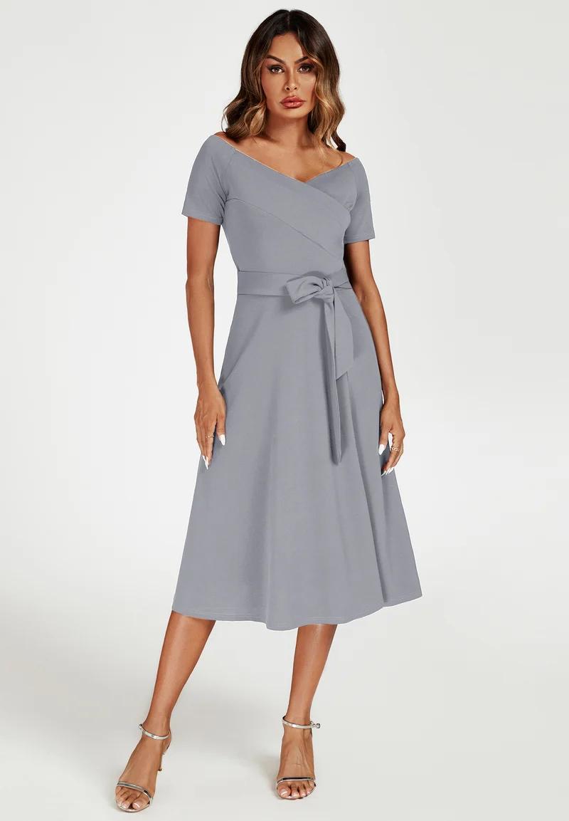 FS COLLECTION Midikleid Damen Bardot-Midikleid mit Bindegürtel & Schlitz, Elegant (XS · S · M (EU:40 / UK:12) · L (EU:42 / UK:14) · XL (EU:44 / UK:16), 5 Farben : Grün, Grau, Rot, Hellblau und Königsblau) 96 % Polyester, 4 % Elastan