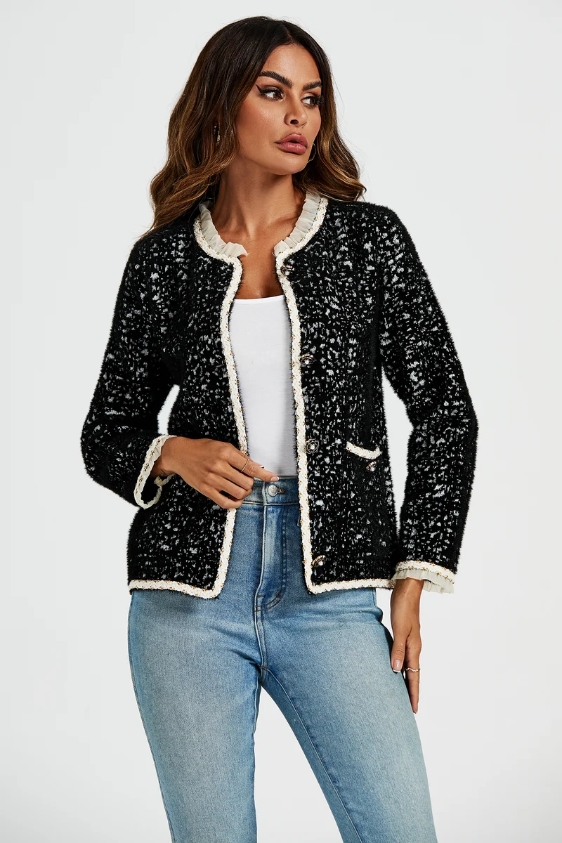 FS COLLECTION Bouclèjacke Damen Bouclé-Jacke Kurzjacke mit Spitzenbesatz und Leopardenmuster (Größen: XS, S, M, L, XL, 3 Farben : Gelb, Schwarz und Creme) 35% Baumwolle, 65% Polyester