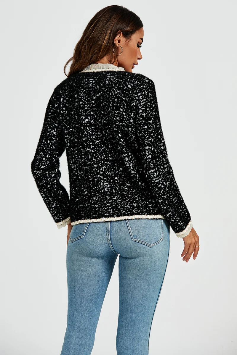 FS COLLECTION Bouclèjacke Damen Bouclé-Jacke Kurzjacke mit Spitzenbesatz und Leopardenmuster (Größen: XS, S, M, L, XL, 3 Farben : Gelb, Schwarz und Creme) 35% Baumwolle, 65% Polyester