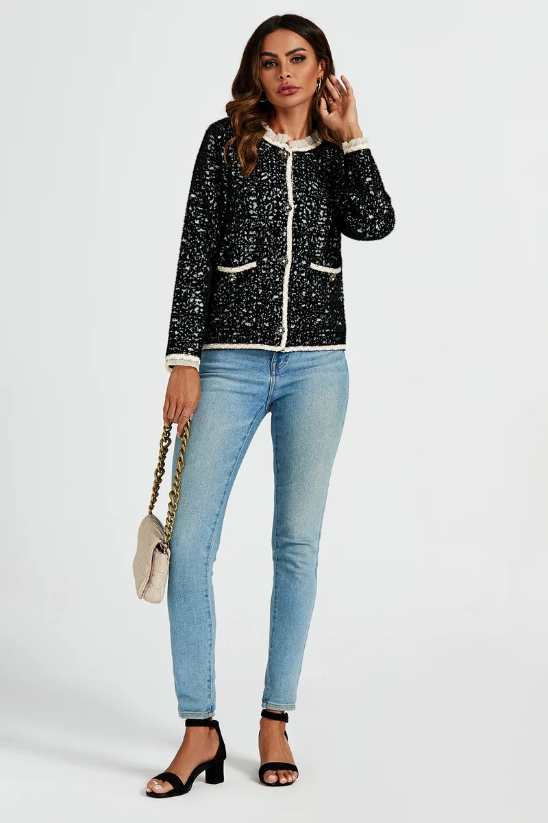FS COLLECTION Bouclèjacke Damen Bouclé-Jacke Kurzjacke mit Spitzenbesatz und Leopardenmuster (Größen: XS, S, M, L, XL, 3 Farben : Gelb, Schwarz und Creme) 35% Baumwolle, 65% Polyester