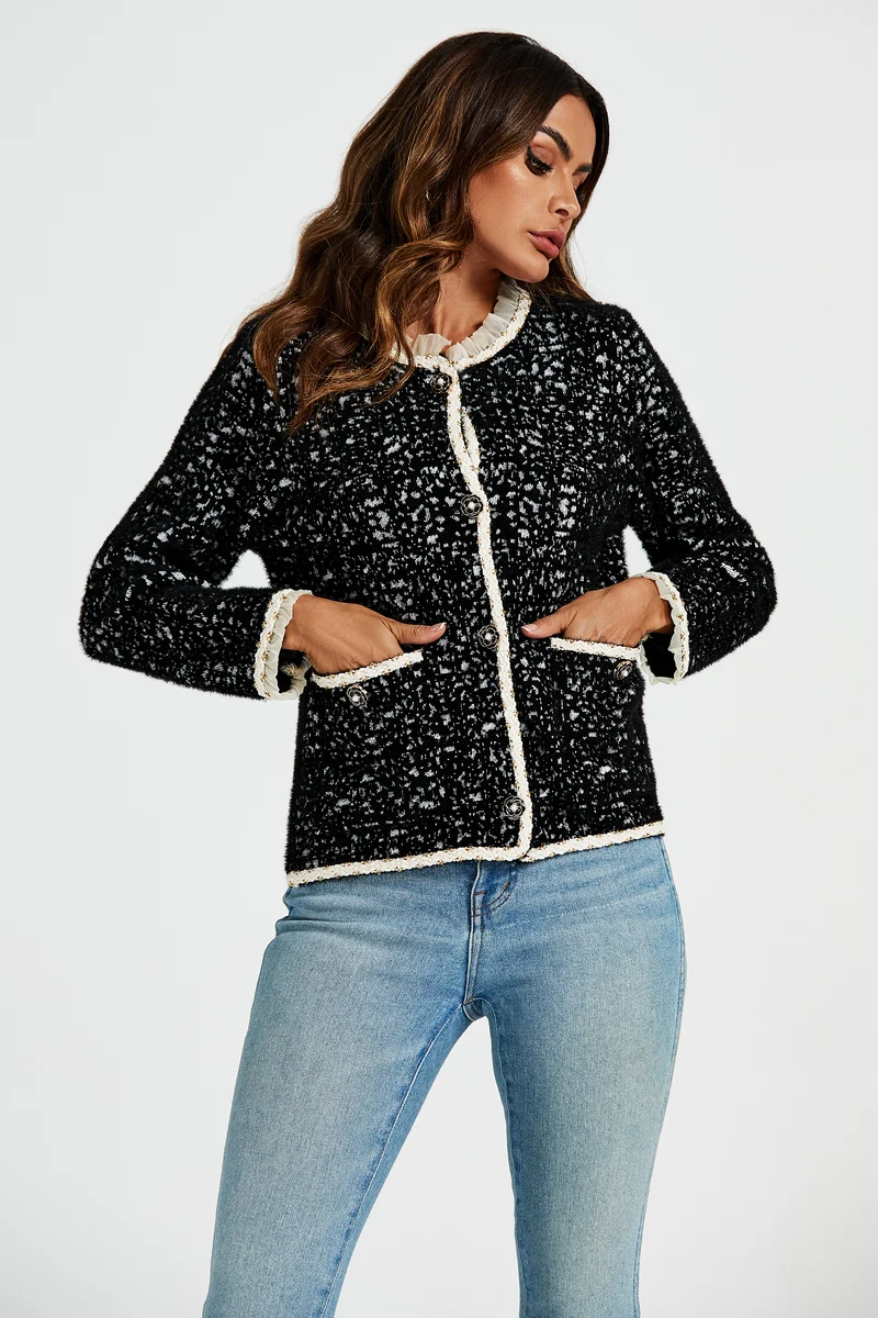 FS COLLECTION Bouclèjacke Damen Bouclé-Jacke Kurzjacke mit Spitzenbesatz und Leopardenmuster (Größen: XS, S, M, L, XL, 3 Farben : Gelb, Schwarz und Creme) 35% Baumwolle, 65% Polyester