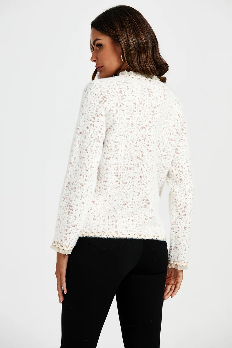 FS COLLECTION Bouclèjacke Damen Bouclé-Jacke Kurzjacke mit Spitzenbesatz und Leopardenmuster (Größen: XS, S, M, L, XL, 3 Farben : Gelb, Schwarz und Creme) 35% Baumwolle, 65% Polyester